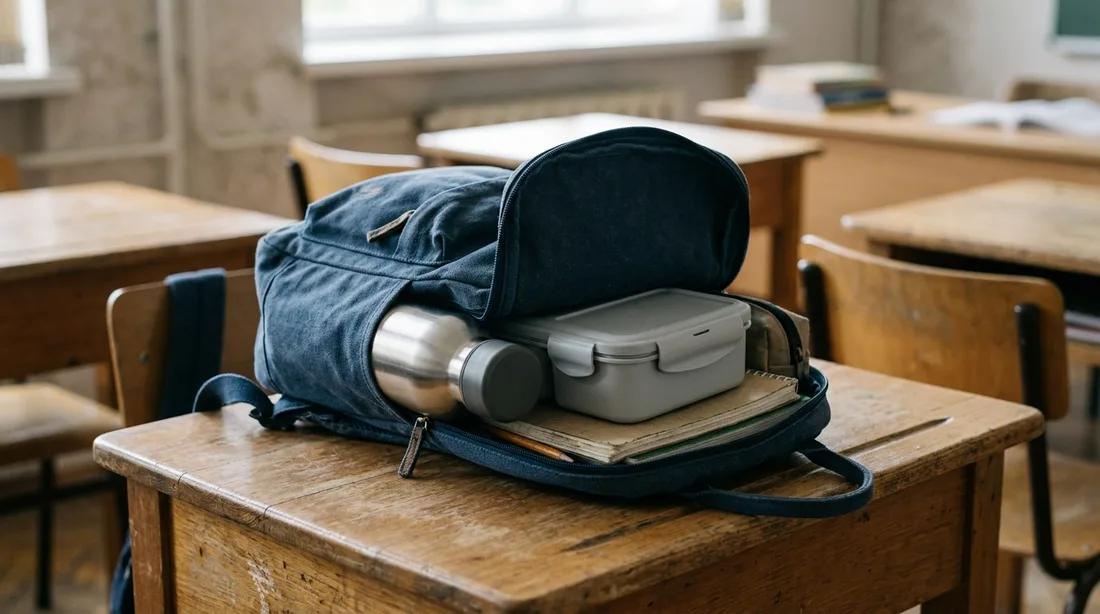 Geöffneter Schulrucksack mit Trinkflasche und Brotdose auf einer Schulbank
