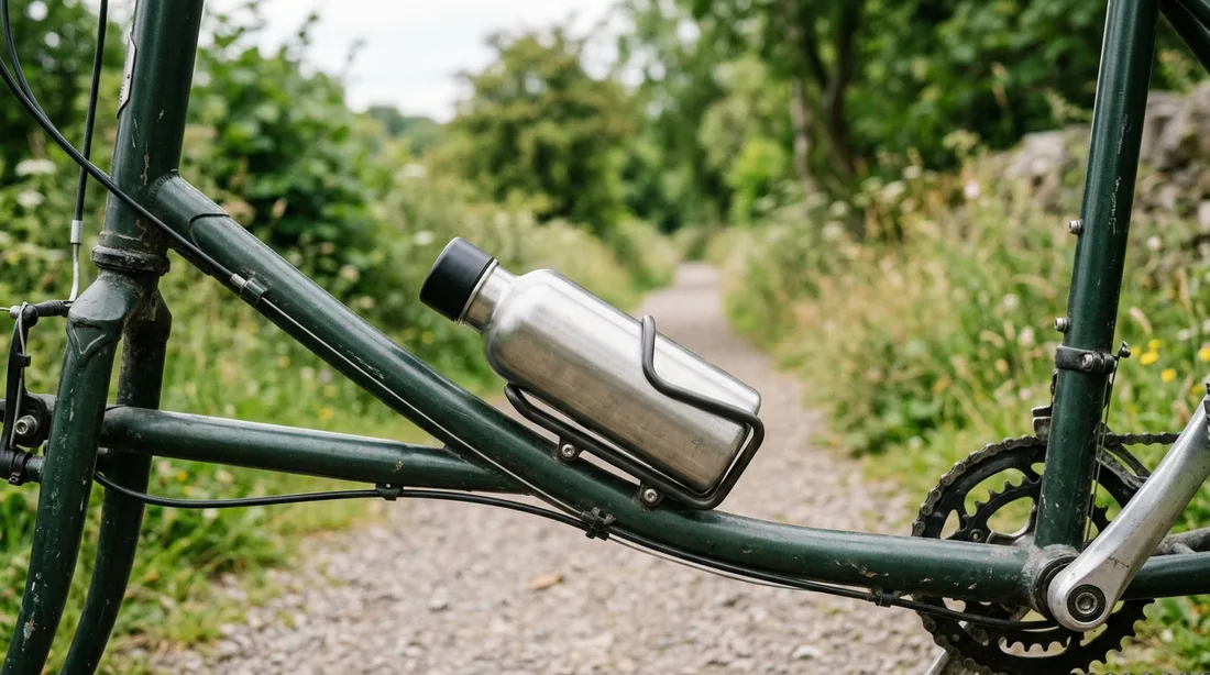 Trinkflasche im Flaschenhalter am Rahmen eines Fahrrads